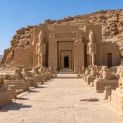 Temple of Wadi es-Sebua with colossal statues in the desert near Lake Nasser