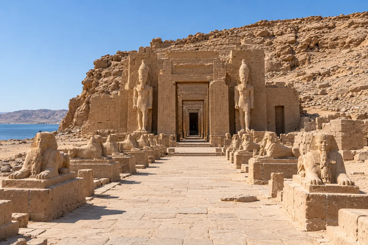 Temple of Wadi es-Sebua with colossal statues in the desert near Lake Nasser