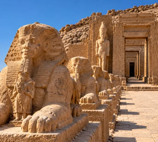 Sphinx statue in front of the sandstone temple at Wadi es-Sebua