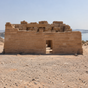 Front view of the Temple of Amada, a small sandstone temple in the Nubian desert