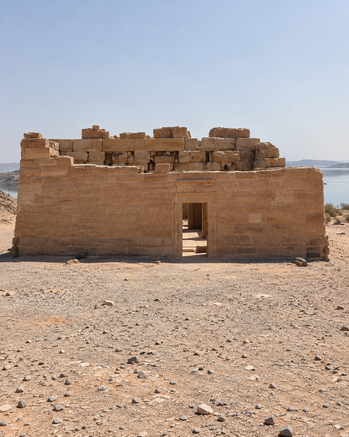 Front view of the Temple of Amada, a small sandstone temple in the Nubian desert