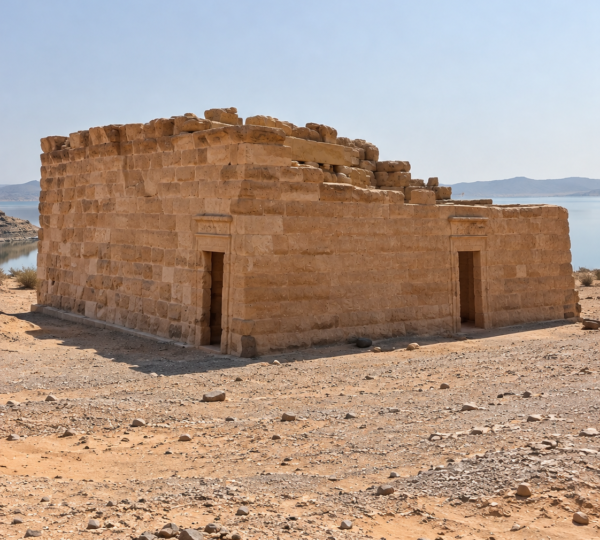 Weathered sandstone Temple of Amada standing in open desert near Lake Nasser