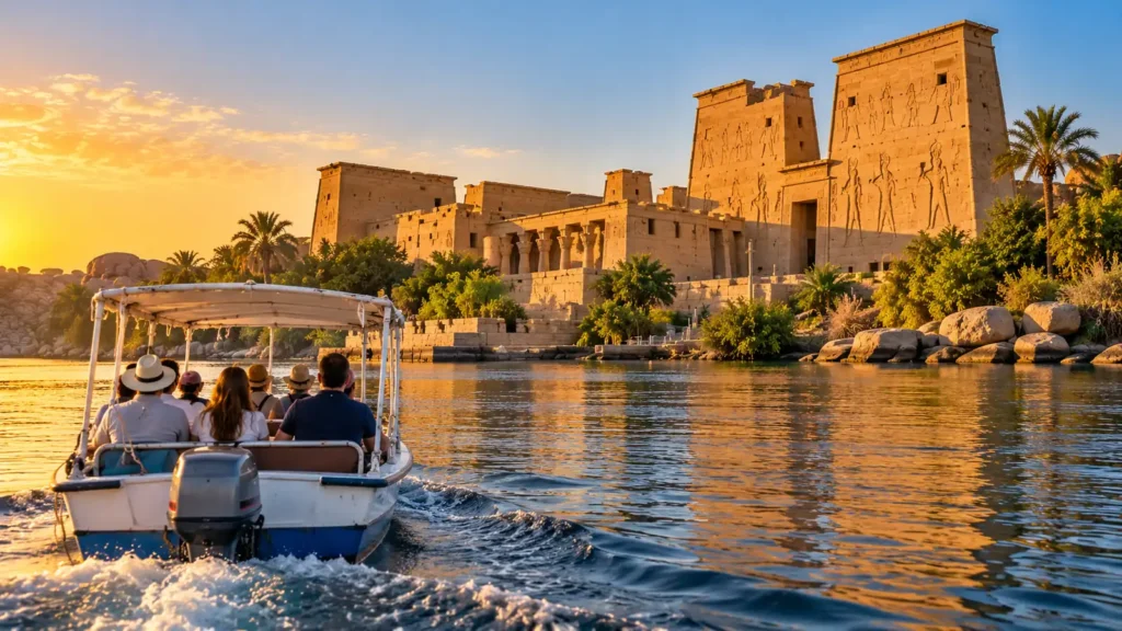 Tourists on a motorboat crossing the Nile toward Philae Temple in Aswan at sunset