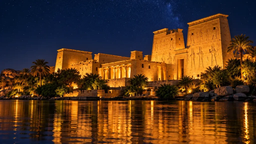 Philae Temple in Aswan illuminated at night during the Sound and Light Show