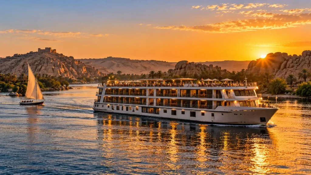 Nile cruise ship sailing on the Nile near Aswan at golden hour